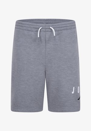 Sive bombažne kratke hlače z elastiko v pasu in belim vrvico. Imajo tiskano zasnovo in kontrastno besedilo spredaj.