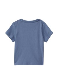 Korte mouwen, blauwe katoenen t-shirt met een ronde hals en een gladde textuur. Eenvoudig ontwerp, geen patronen of versieringen.