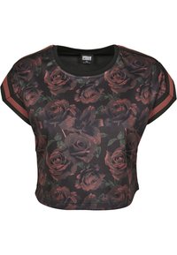 Cropped black mesh T-shirt featuring a rose pattern, accentuated by maroon striped details on the sleeves and a crew neck design.