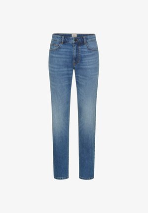 Light blue straight-leg jeans made of denim, featuring five pockets, a front button and zipper closure, with subtle fading and stitching details.