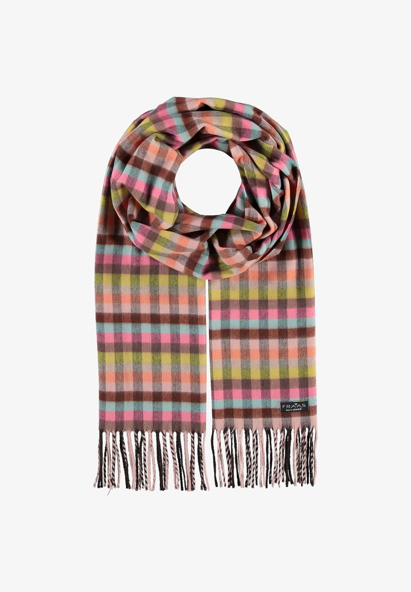 Écharpe en laine douce à carreaux roses, marron, jaune, orange et bleu avec des extrémités à franges, pliée en boucle.