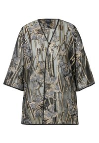 Durchscheinender schwarzer Kimono mit metallischen goldenen und silbernen Blumenstickereien. Verfügt über einen V-Ausschnitt und Dreiviertelärmel, mit schwarzen Besatzdetails.