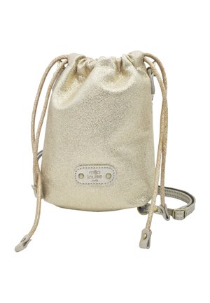 Petit sac seau doré métallique avec cordon, fine bandoulière et patch logo à l'avant.