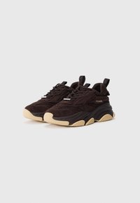 Zapatillas de deporte de color marrón oscuro, hechas de ante y malla, con suela de goma. Presentan acentos texturizados, cordones redondos y lengüetas en el talón.