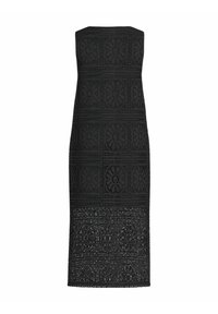 Čierne midi šaty bez ramienok s kvetinovým čipkovaným vzorom a polopriehľadným lemom, priliehavým strihom a geometrickým štvorcovým motívom po celej dĺžke.