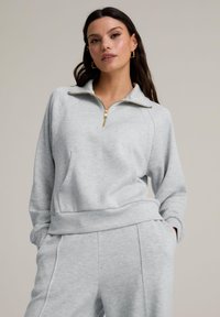 Ljusgrå zip-up sweatshirt med hög krage, raglanärmar, framficka och en mjuk textur. Guldiga dragkedjor som detaljer.