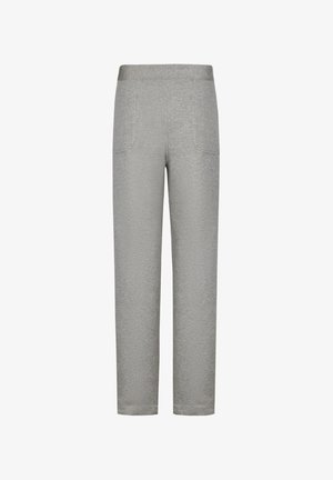 Pantalon de jogging gris clair à jambe droite avec une taille élastique et des poches plaquées avant, présenté sur un fond blanc.