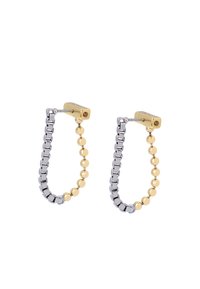 Orecchini a cerchio in oro e argento caratterizzati da un design a catena con perle rotonde alternate, fissati con una chiusura cilindrica.