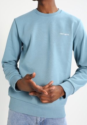 Man wearing light blue Carhartt sweatshirt with hands clasped, cropped at neck and hips.