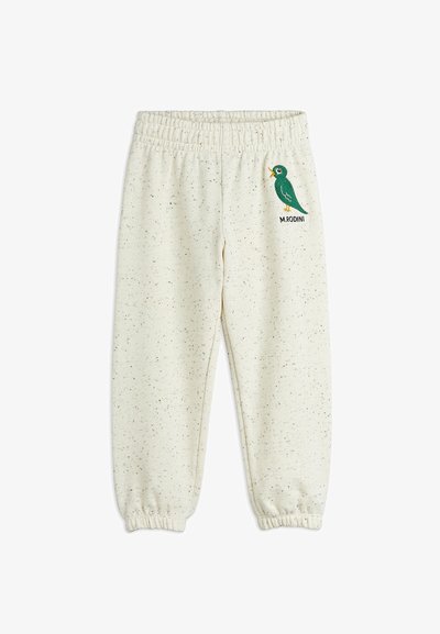 Krekla krēmkrāsas bikses ar reizēm struktūru, elastīgu jostu un nogriežņiem; ar izšūtu zaļas putnu dizainu un tekstu "M. RODINI."