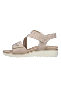 Suede sandal in light beige with multiple straps, an embellished fabric upper featuring rhinestones, and a white platform sole.