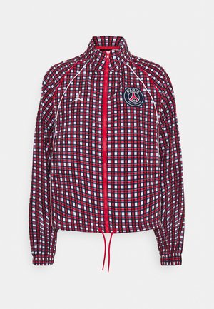 Rood-blauw geruit jack met een hoge kraag, ritssluiting aan de voorkant, elastische manchetten, trekkoorden aan de zoom en een Paris-logo op de linkerborst.