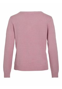 Mjukt rosa långärmad stickad tröja med ribbade mudd, fåll och rund halsringning, visad bakifrån mot en vit bakgrund.