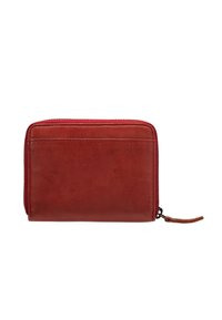 Red leather wallet with a smooth texture, zip closure, and exterior card slots. The design features clean lines and minimal detailing.