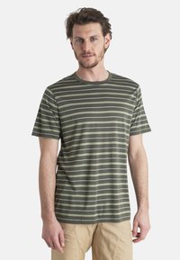 Camiseta a rayas verdes con líneas horizontales en blanco y verde más oscuro, con cuello redondo y mangas cortas. Material suave de algodón.