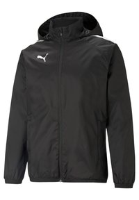 Veste légère noire avec fermeture éclair à l'avant, capuche et poignets élastiques. Présente des accents blancs sur les épaules et un petit logo blanc sur la poitrine.