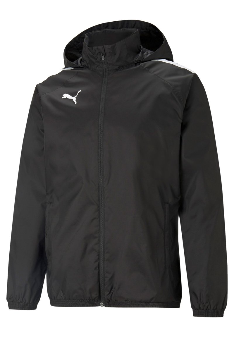 Veste légère noire avec fermeture éclair à l'avant, capuche et poignets élastiques. Présente des accents blancs sur les épaules et un petit logo blanc sur la poitrine.