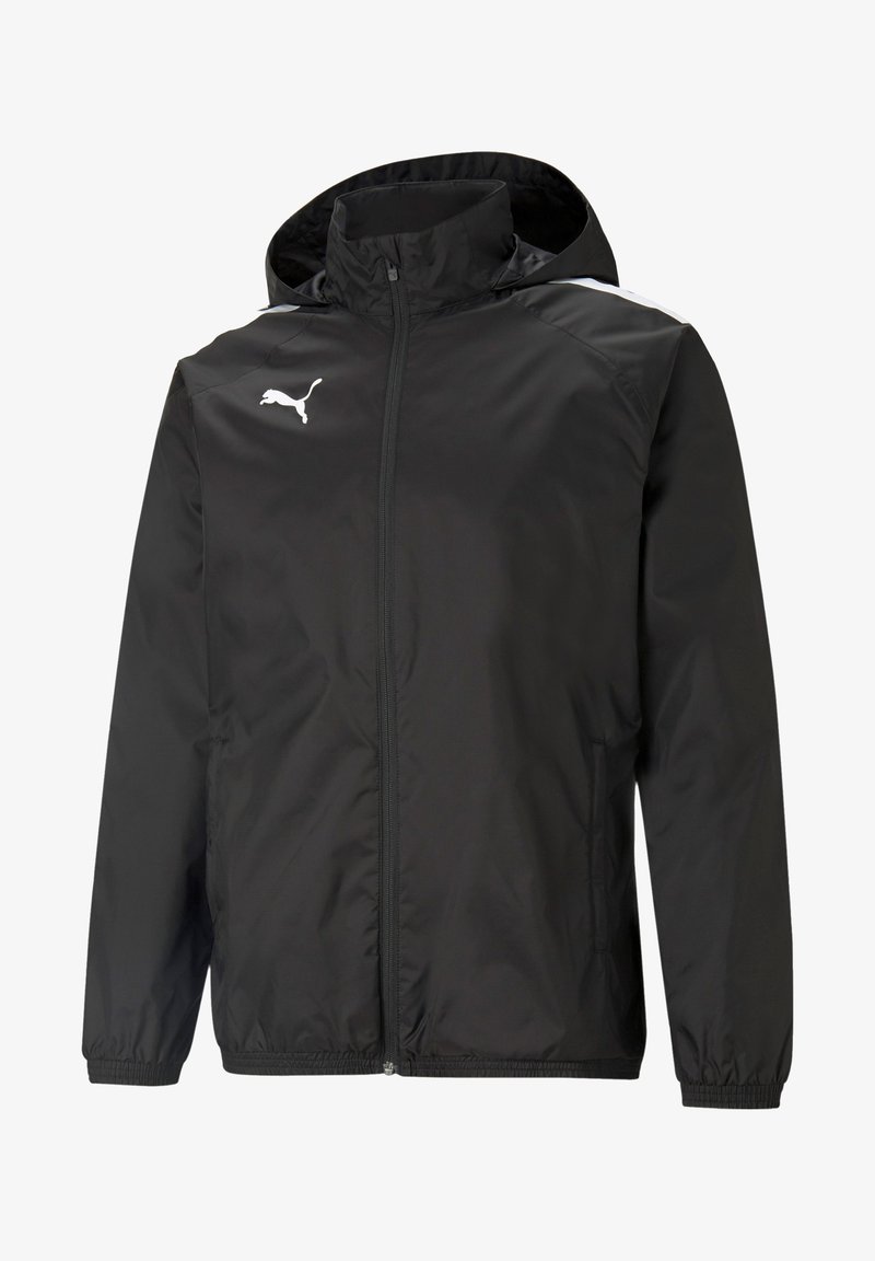 Veste légère noire avec fermeture éclair à l'avant, capuche et poignets élastiques. Présente des accents blancs sur les épaules et un petit logo blanc sur la poitrine.