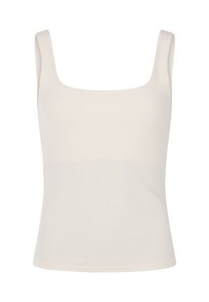 Top de tirantes blanco acanalado con escote cuadrado y tirantes anchos. Textura suave y diseño ajustado, adecuado para usar en capas o como prenda independiente.