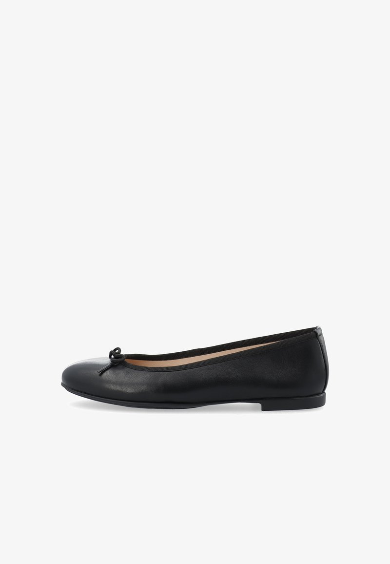 Black leather ballet flat with rounded toe, small bow detail on front, and low heel, shown in side profile on white background.