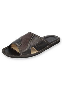 Black and brown leather slide sandal with an open toe, curved design, perforated accents, and stitched detailing along the edges.