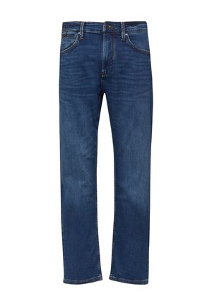Blauwe denimbroek met rechte pijpen, voorzakken, knoop- en ritssluiting, en subtiele vervaagde details.