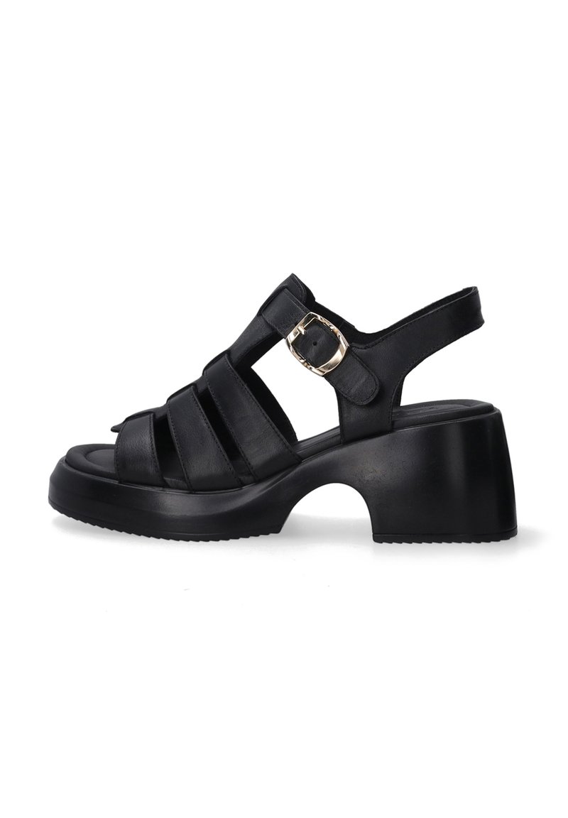 Black open-toe sandals with a chunky heel, featuring multiple straps and a side buckle for adjustable fit. Smooth leather texture.