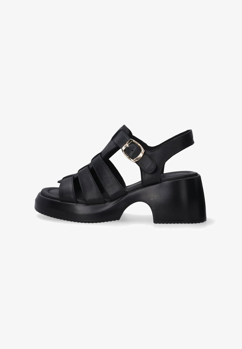 Black open-toe sandals with a chunky heel, featuring multiple straps and a side buckle for adjustable fit. Smooth leather texture.