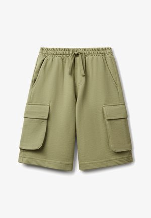 Pantaloni cargo verde oliva realizzati in tessuto morbido, con vita elasticizzata, cordoncino, tasche laterali e due grandi tasche con patta.