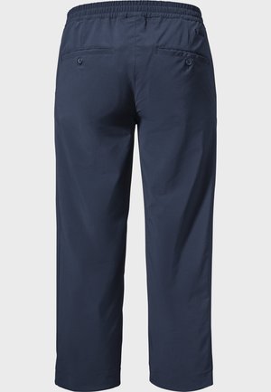 Navy blue cropped pants with a stretchy waistband, two back pockets with button closures, and a smooth, lightweight texture.