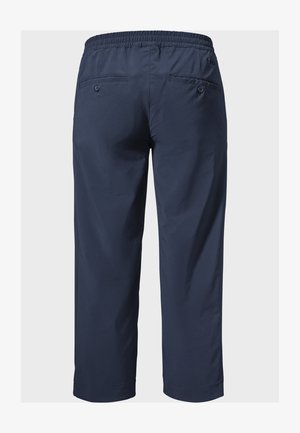 Dunkelblaue kurze Hosen mit einem dehnbaren Bund, zwei Gesäßtaschen mit Knopfverschlüssen und einer glatten, leichten Textur.