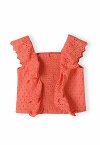 Korallfärgad ärmlös topp med volangaxlar, med ett smockat bodice och ögla broderi genom hela. Texturerad tyg, lysande färg.