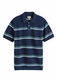 Tricou polo albastru marin cu dungi orizontale în albastru deschis și verde. Țesătură texturată, mâneci scurte, cu șnur cu trei nasturi.