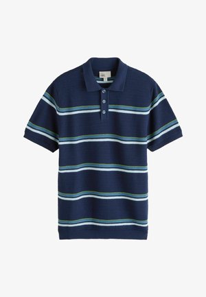 Tricou polo albastru marin cu dungi orizontale în albastru deschis și verde. Țesătură texturată, mâneci scurte, cu șnur cu trei nasturi.
