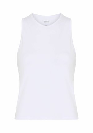 White sleeveless crop top with high neckline and fitted cut, designed for casual wear.