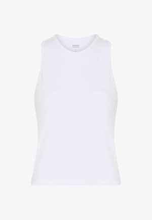 White sleeveless crop top with high neckline and fitted cut, designed for casual wear.