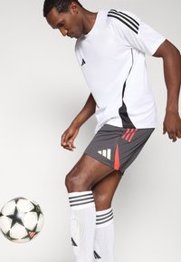 Weißes Sporttrikot mit schwarzen Akzenten, graue Shorts mit roten und cremefarbenen Streifen sowie kniehohe weiße Socken mit schwarzen Streifen, neben einem Fußball.
