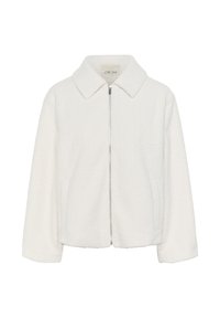 White, textured jacket with a collar, zip front, and dropped shoulders. Features side pockets and a boxy silhouette.