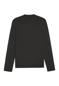 Zwarte lange mouw top, gemaakt van gladde stof. Heeft een eenvoudige ronde halslijn en een rechte zoom zonder zichtbare logo's of patronen.