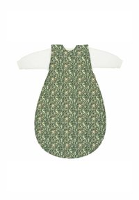 Schlafsack mit einem grünen, gemusterten Stoff, der Blätter und kleine Tiere zeigt. Das Design hat weiße Ärmel und eine runde Form.