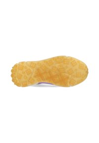 Schoenzool met een textuur van rubber, in een gele kleur en met een patroon van vierkanten en kruisvormen voor grip.