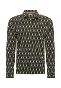 Camisa de manga larga de tejido oscuro con un patrón geométrico de círculos verdes alternos y líneas onduladas, con un cuello clásico y cierre de botones.