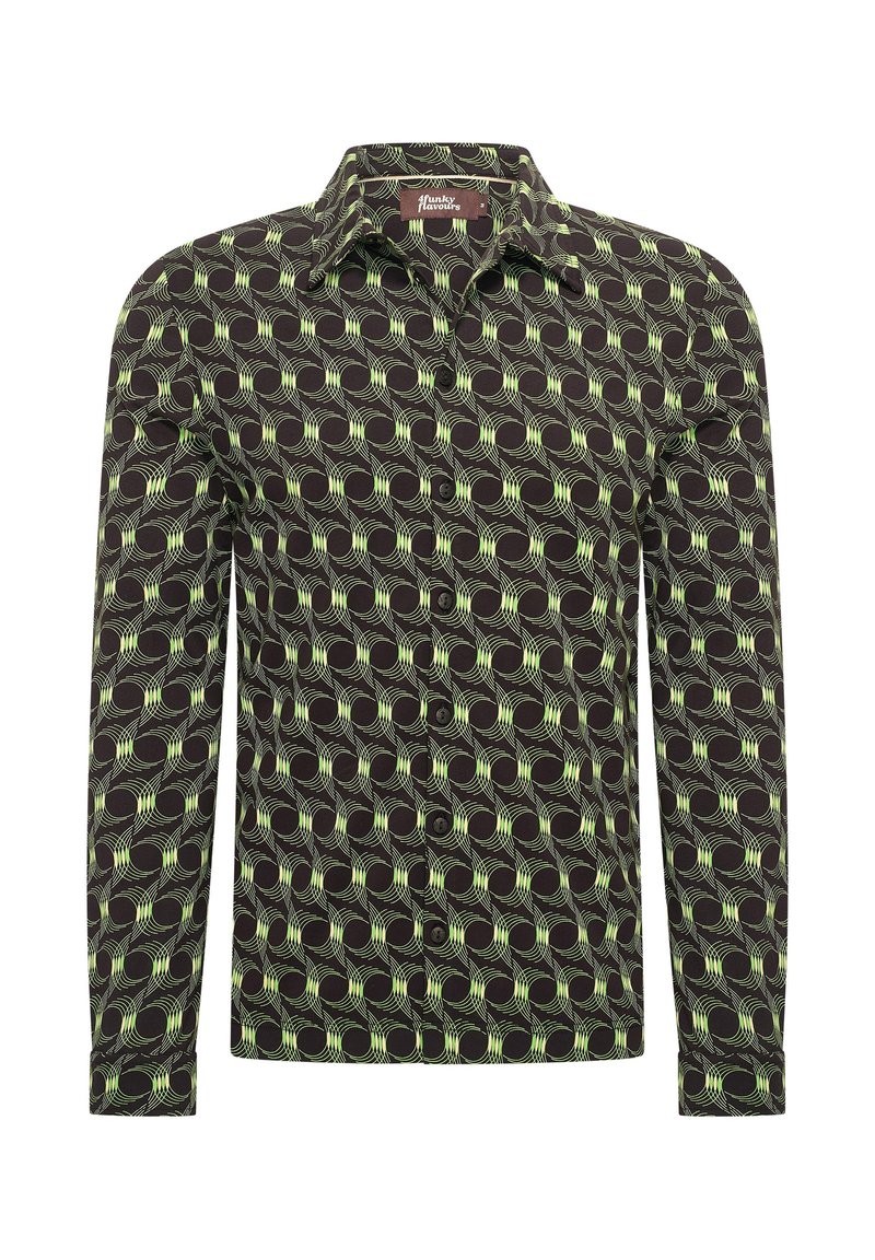 Camisa de manga larga de tejido oscuro con un patrón geométrico de círculos verdes alternos y líneas onduladas, con un cuello clásico y cierre de botones.
