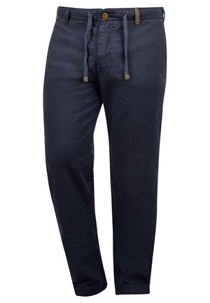 Marineblauwe broek van lichtgewicht stof, met een trekkoord in de taille, knoopsluiting, zijzakken en een relaxed fit.