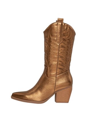 Bronzen cowboylaars met een spitse neus, een gestructureerde leren bovenkant, eenvoudige stiksels en een blokhak. Versierende lus aan de bovenkant.