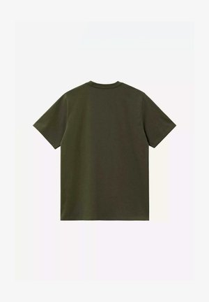 T-shirt à manches courtes vert olive avec un col rond, des coutures plates et une texture lisse, offrant une coupe décontractée et sans logos visibles.