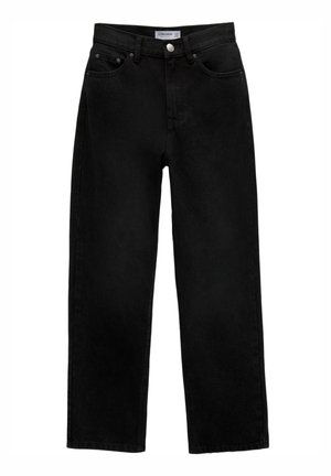 Jean en denim noir avec une coupe droite, un design à cinq poches, un bouton en métal et des passants de ceinture. Le tissu a une texture mate et sans motifs visibles.