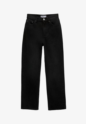 Black denim jeans with a straight cut, five-pocket design, metal button, and belt loops. The fabric has a matte texture and no visible patterns.