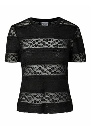 Must lühikeste varrukatega top, millel on vahelduvad ühtlased ja lillelise pitsi horisontaalsed triibud ning ümmargune kaelus.