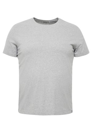 Szürke pamut póló kerek nyakkivágással és rövid ujjakkal. Simaság jellemzi, laza fazonú, és nem tartalmaz látható mintákat vagy díszítéseket.